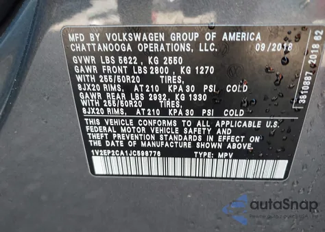 2018 Volkswagen Atlas 2.0T Sel z USA, uszkodzony, nr VIN 1V2EP2CA1JC598776